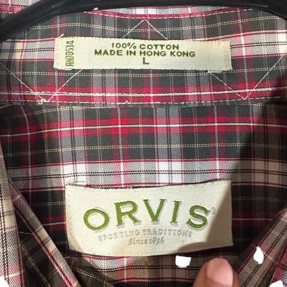 Orvis Brown & Red Plaid Collared Long Sleeve Cotton Button Down Shirt Men Sz L - Picture 6 of 6